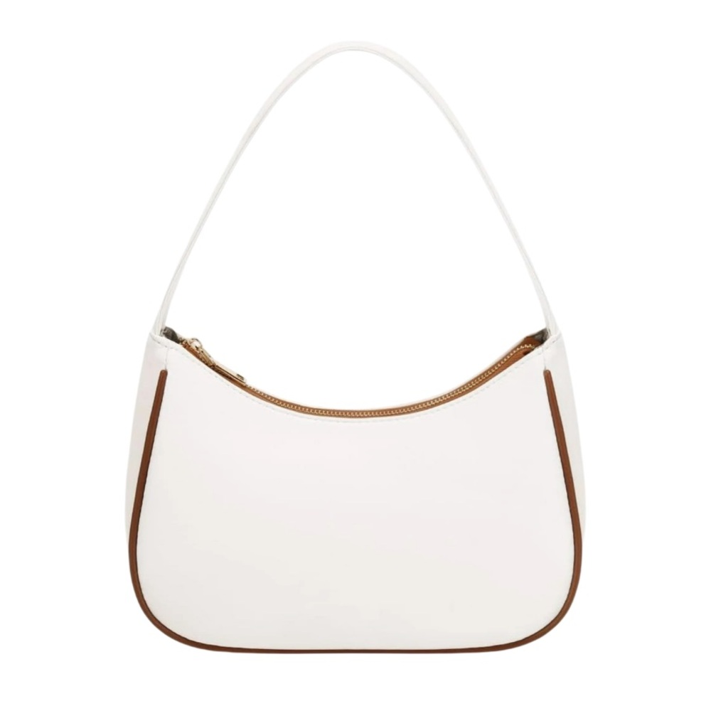 White PU Leather Crescent Underarm Shoulder Bag Purse Brown Piping
